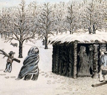 A drawing of a shack in the snow.